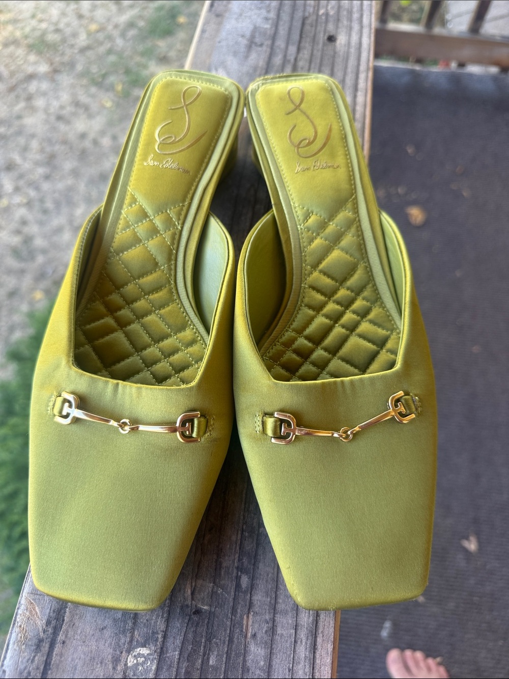 Sam Edelman Chartreuse Satin Slip-On Mule with Gold Bit